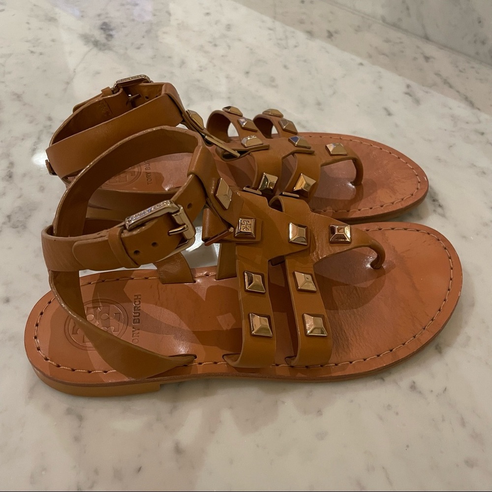 Tory Burch Leather Stud Gladiator Sandals, Size 6, Brown